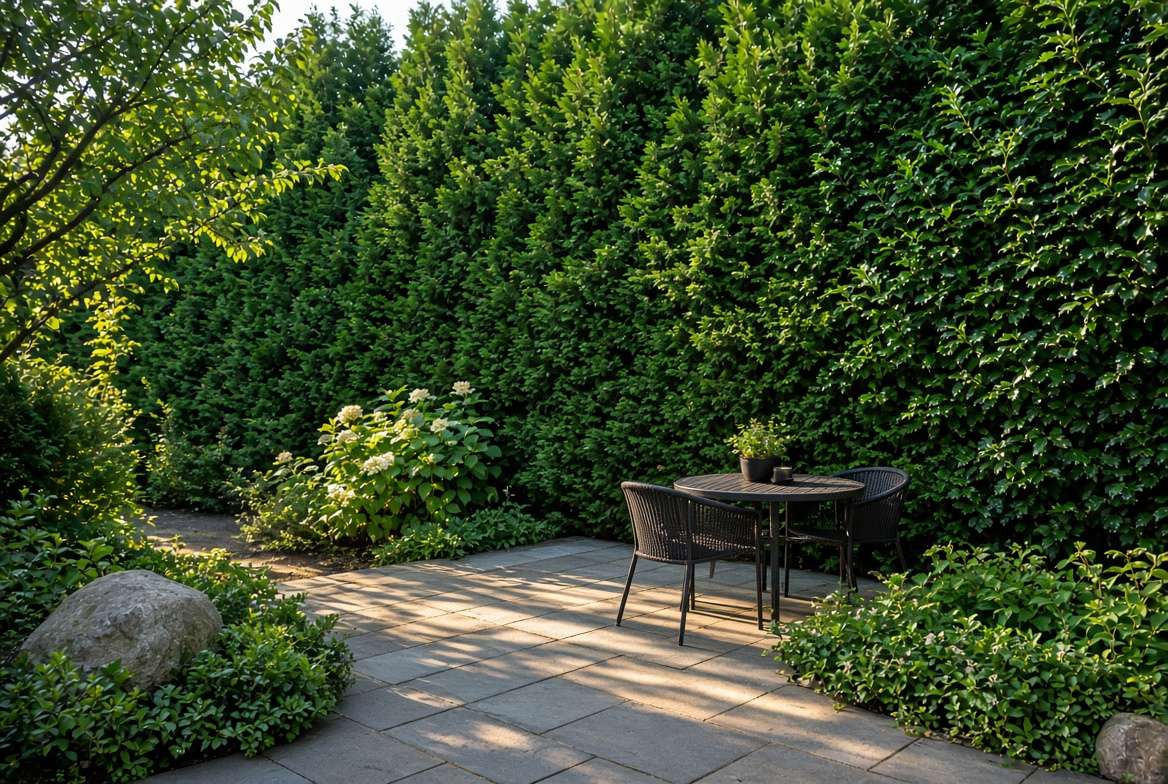 A lush evergreen tree wall creating a sound barrier and privacy screen against a busy street for a backyard patio.