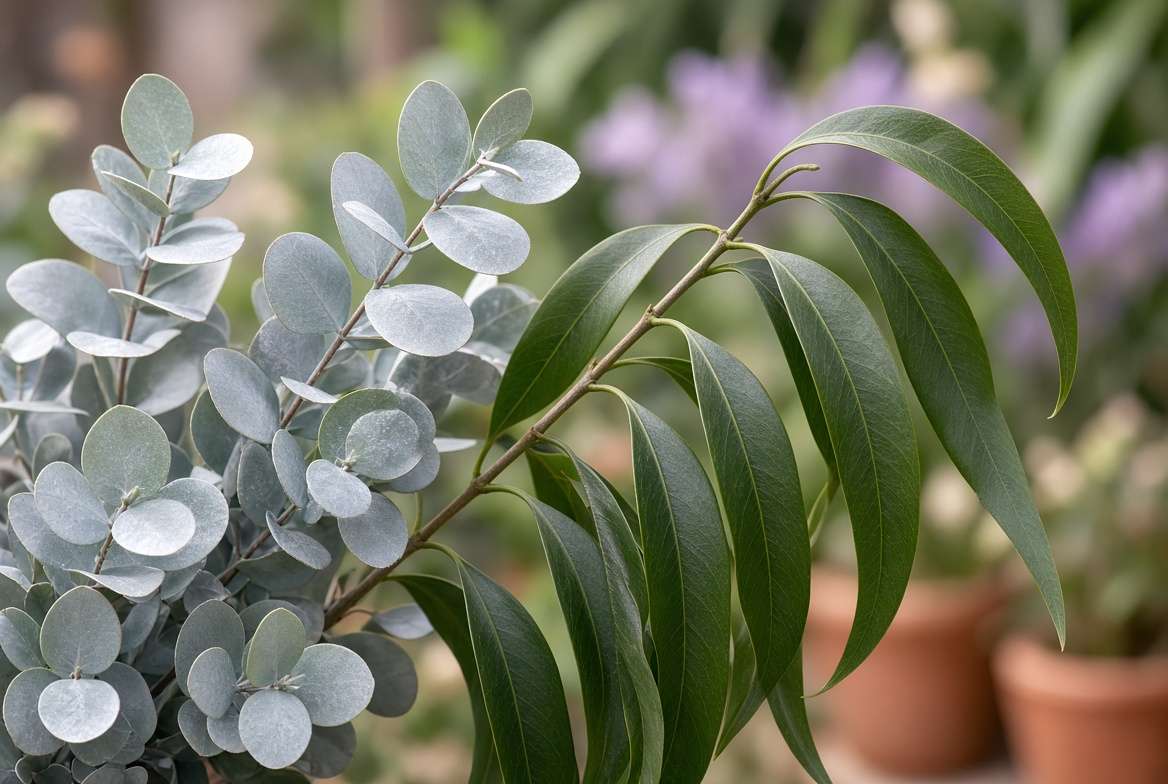 A close-up photograph comparing round silver juvenile leaves and long green adult leaves on the same cider gum plant branch.