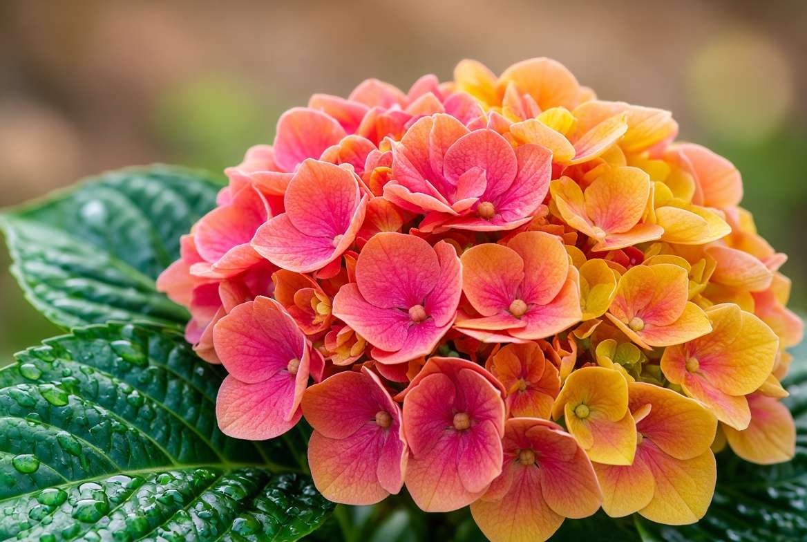 Close-up macro view of vibrant, multi-colored Flori plant flowers and glossy green foliage.