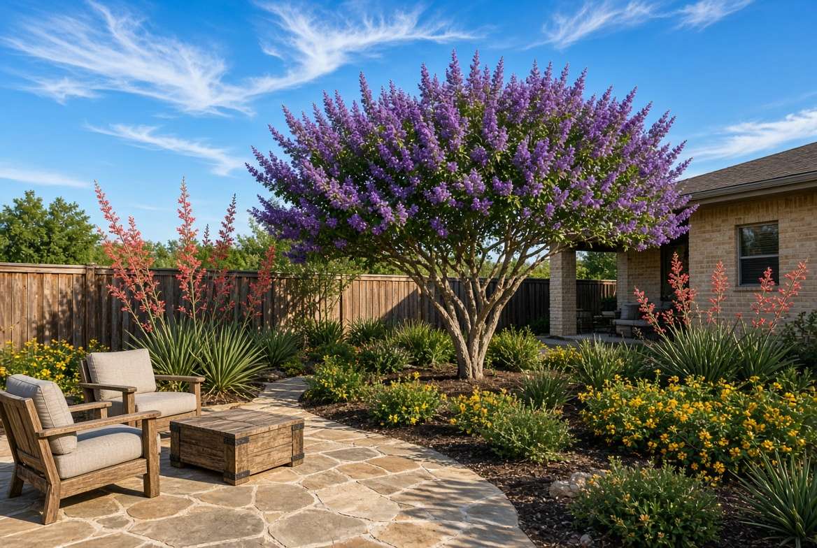 Mature multi-trunk Vitex tree in full purple bloom anchoring a drought-tolerant suburban Texas backyard landscape with limestone pavers.