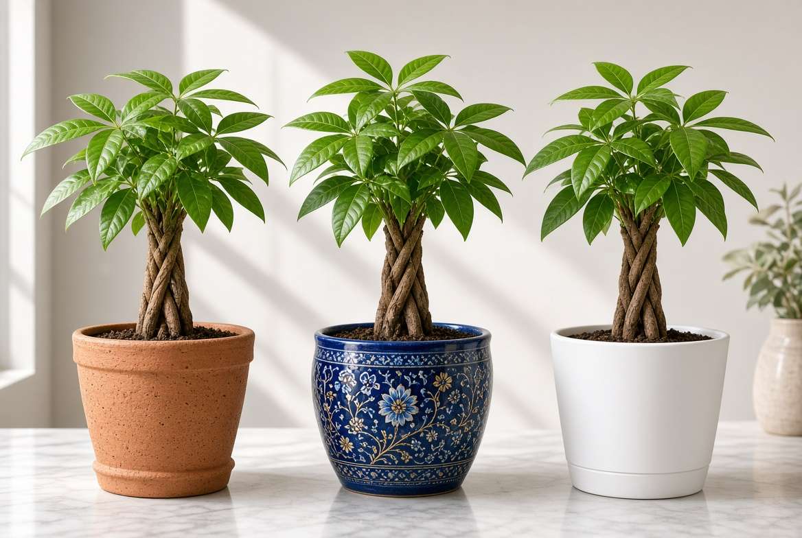 A side-by-side comparison of three braided Money Tree plants in terracotta, glazed ceramic, and white plastic pots.