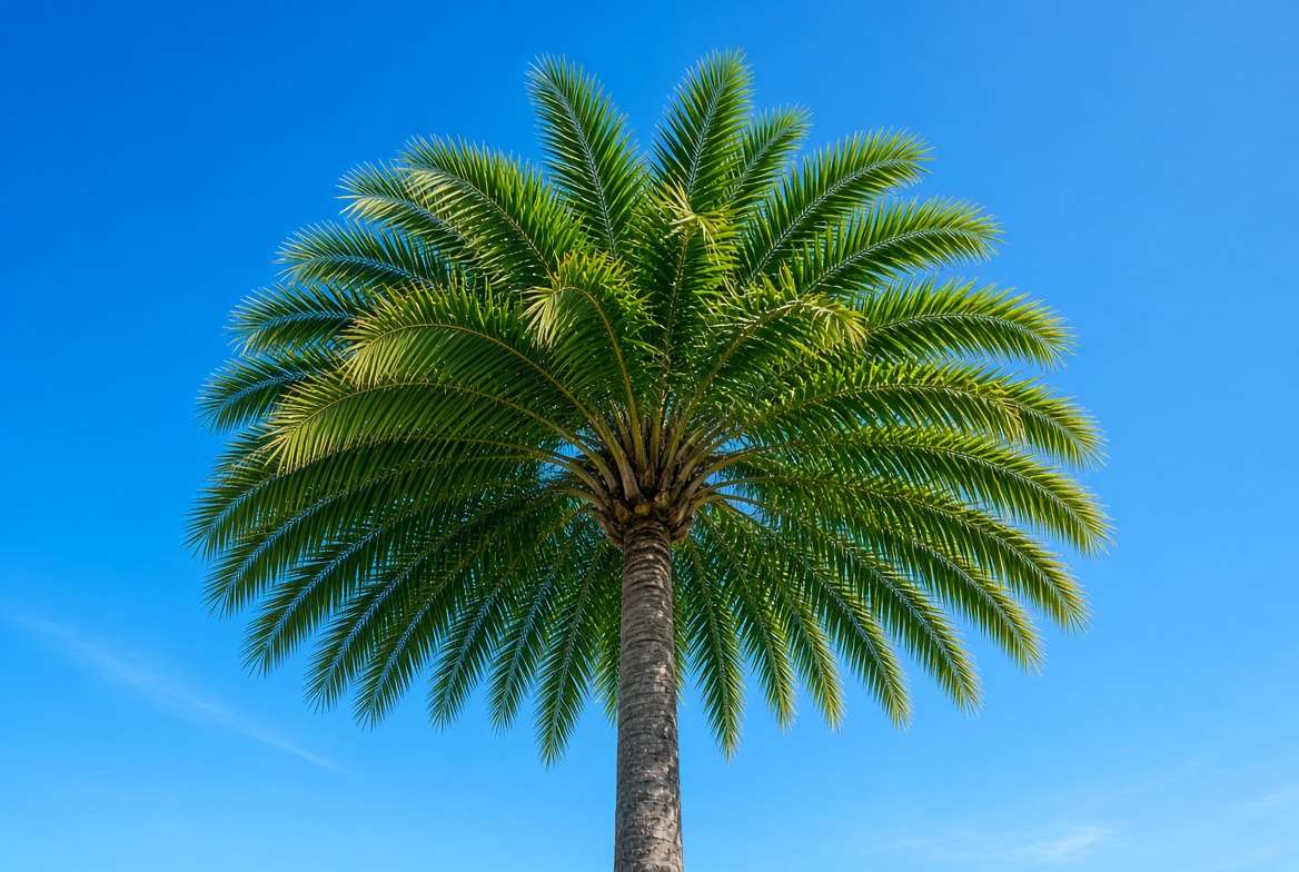 A wide, high-resolution shot of a perfectly balanced, healthy palm tree canopy, illustrating ideal post-trimming form.