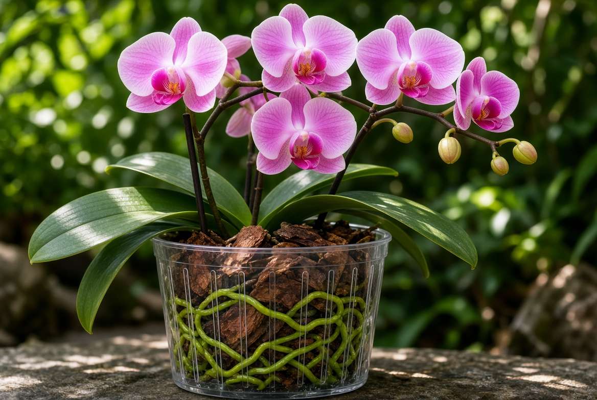 Vibrant green epiphytic orchid roots photosynthesizing inside a clear plastic slotted plant pot