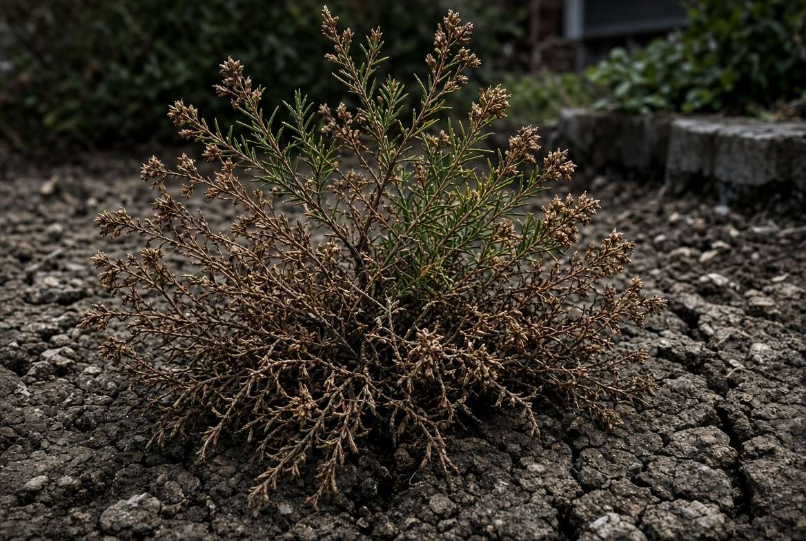 Close-up photograph of a struggling heather plant with brittle, brown, and dry branches contrasting against a few remaining green stems in a garden
