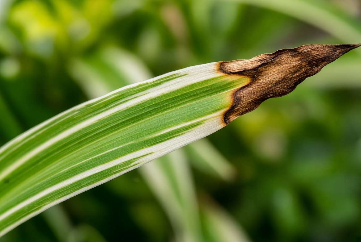 Close-up of a variegated spider plant leaf with a dry, crispy brown tip indicating stress or toxicity.