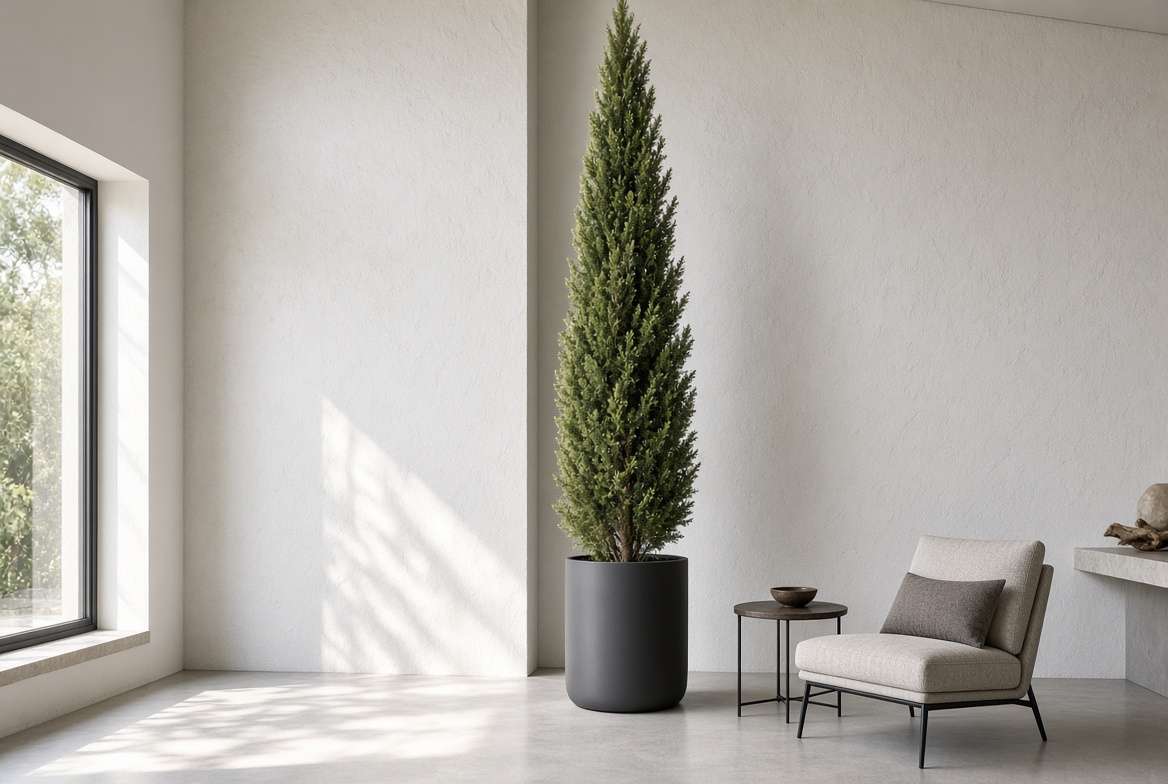Minimalist modern living room corner featuring a towering slender columnar tree accentuating high ceilings