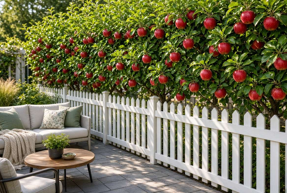 Mature apple tree hedgerow with ripe red apples creating a living privacy screen in a small backyard garden.