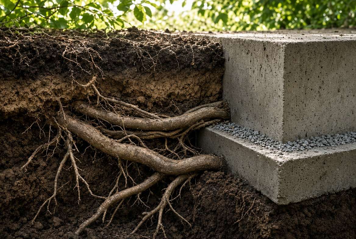 Realistic subsurface cross-section photo illustrating aggressive tree roots growing dangerously close to and under a house foundation wall, showing potential structural risk without text.