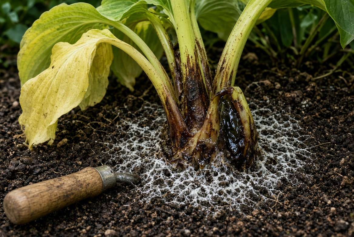 Close-up photo of a hosta plant suffering from mushy, reddish-brown crown rot at the soil level, surrounded by fungal growth.