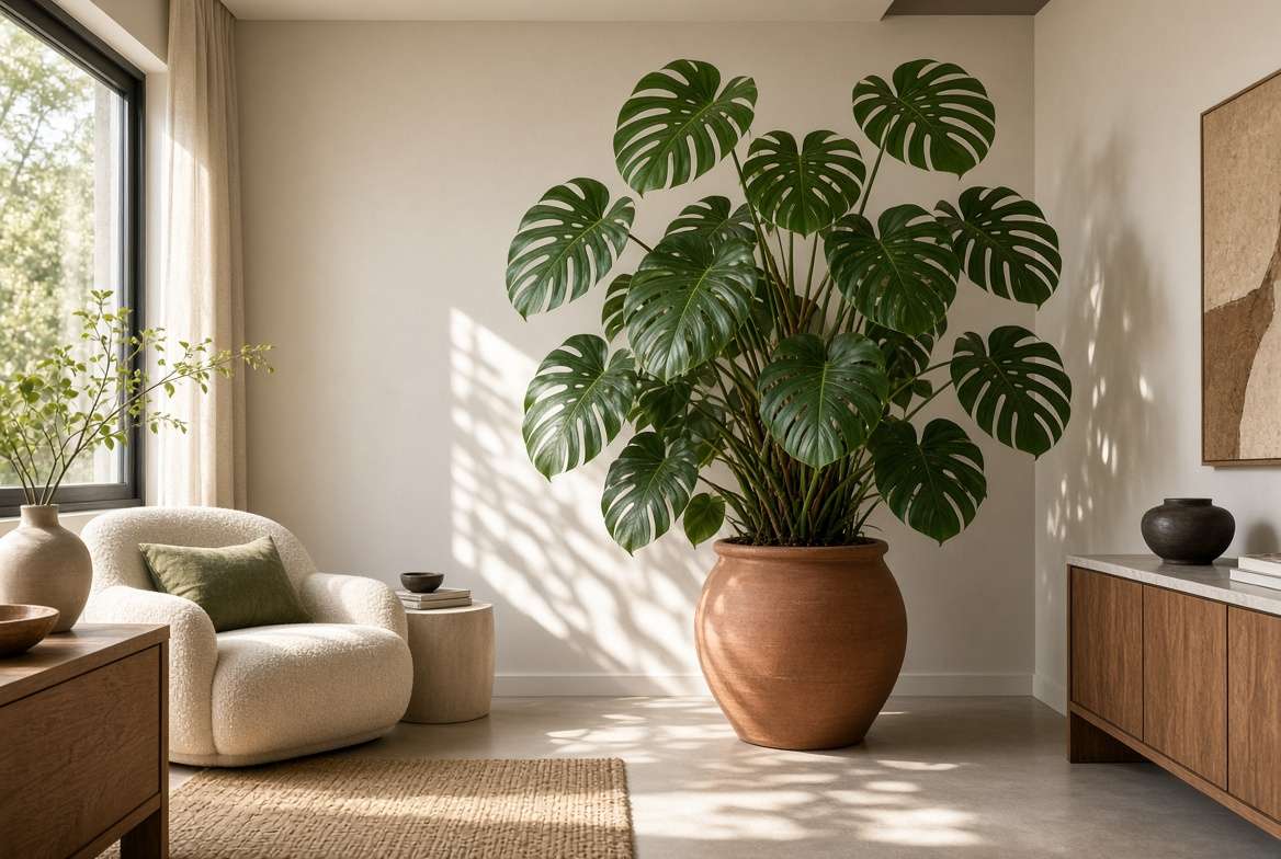 A large Monstera deliciosa plant acting as a stunning architectural feature in a modern living room corner.