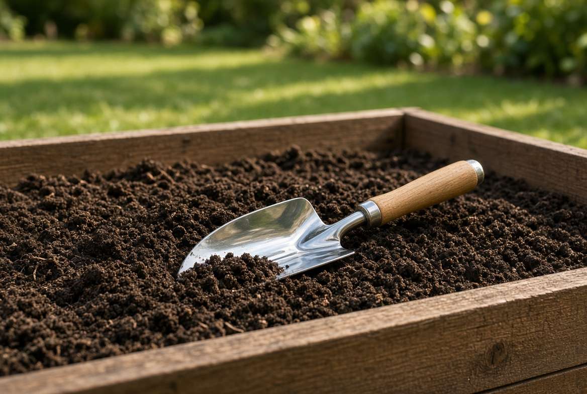 Rich, dark compost and fluffy soil inside a wooden raised garden bed.
