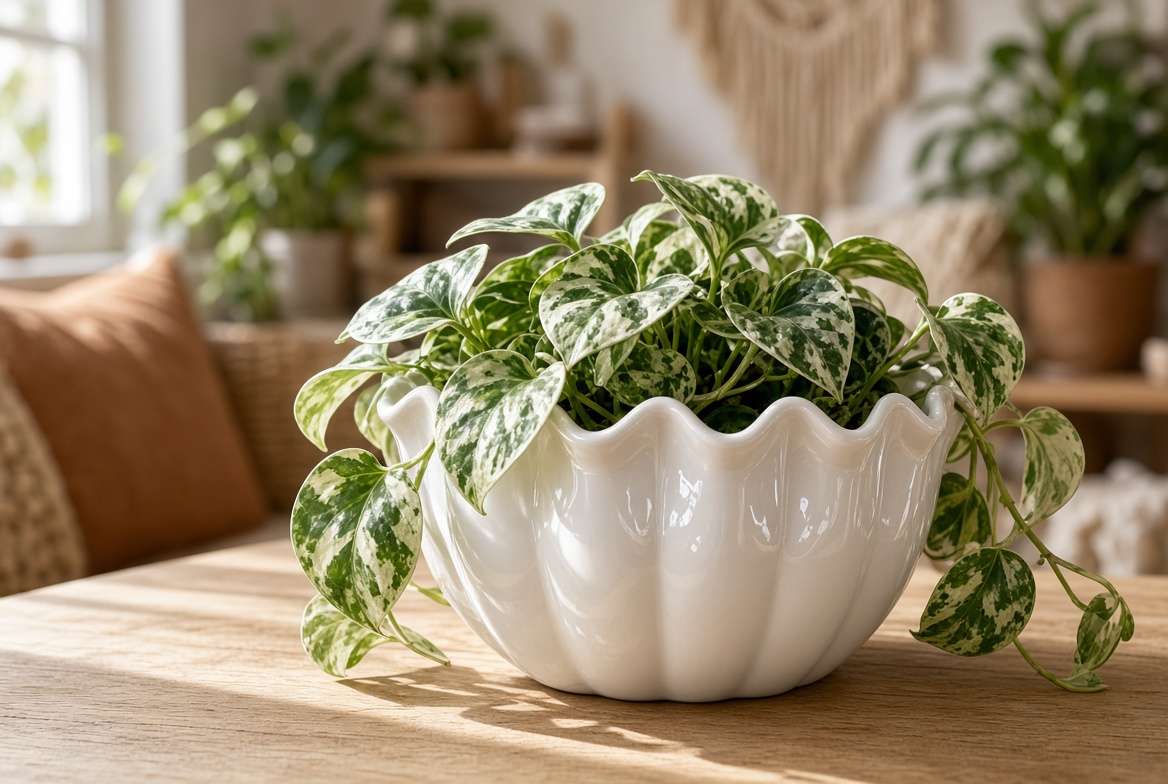 A close-up photograph illustrating how the wavy rim of a cream-white scalloped planter contrasts with the cascading green leaves of an indoor pothos plant.