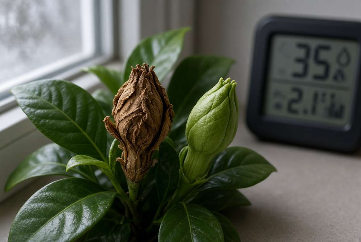 Macroscopic diagnostic photograph showing a brown, shriveled Gardenia bud resulting from low indoor humidity.