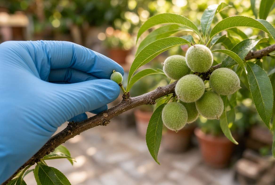 A gardener's hand in a blue glove precisely pinches off an immature baby peach, demonstrating the 'ruthless' thinning required for large patio peach tree fruit.