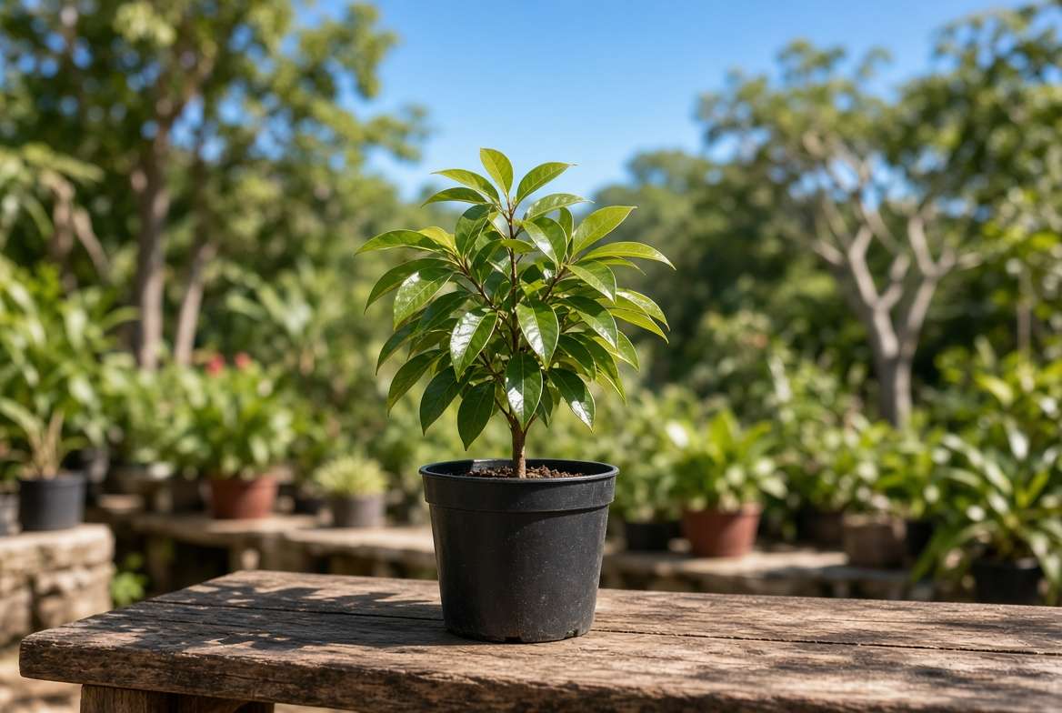 A healthy, young air-layered lychee plant sapling ready for planting in a home garden.