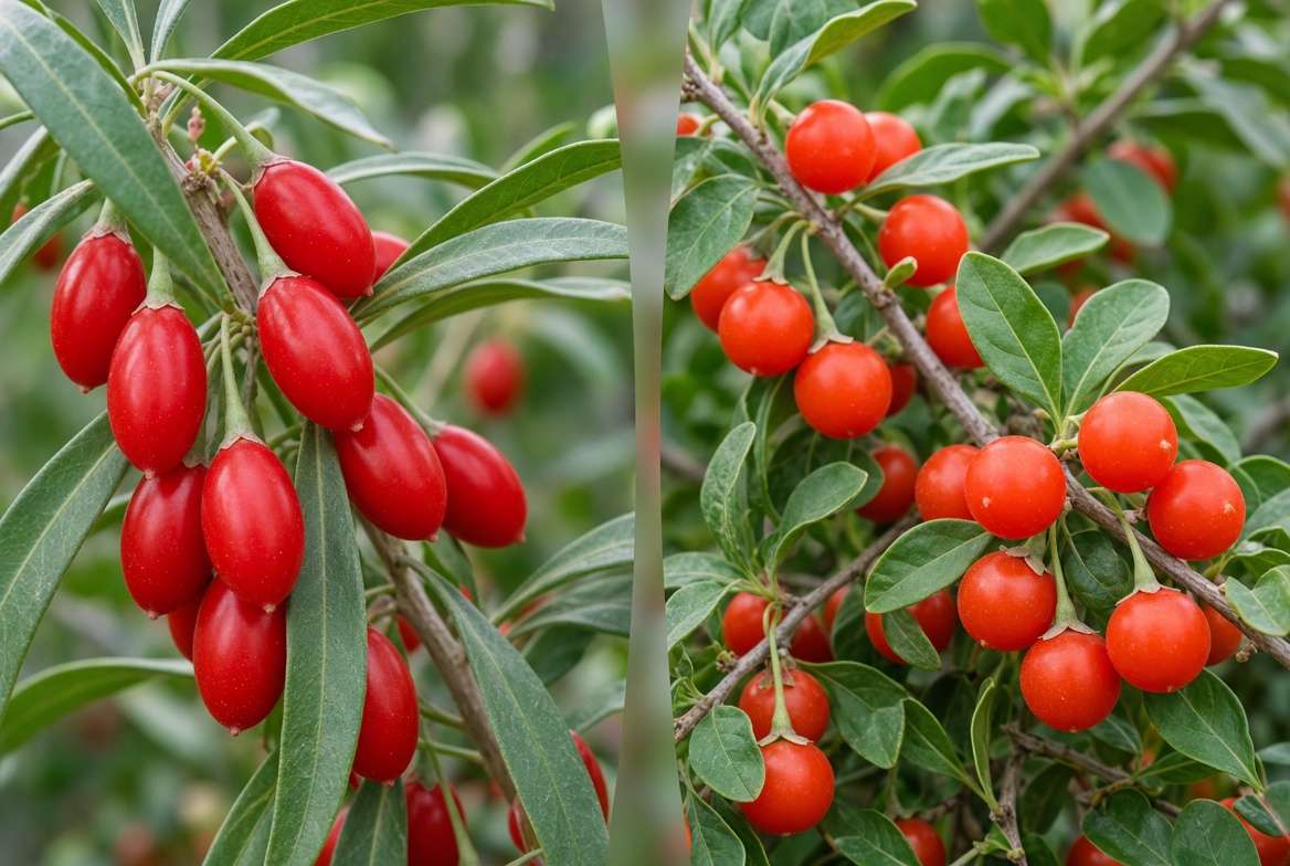 Visual comparison of Lycium barbarum (Goji berry) and Lycium chinense (Chinese wolfberry) plants and fruit.