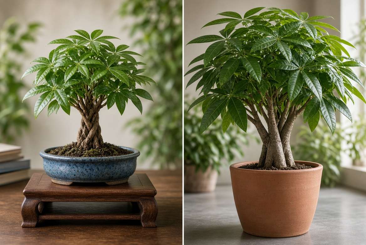 A visual comparison of two Money Tree growth strategies: a small, root-restricted braided bonsai in a shallow pot (left) versus a large, floor-standing non-braided tree allowed to reach maximum size (right).