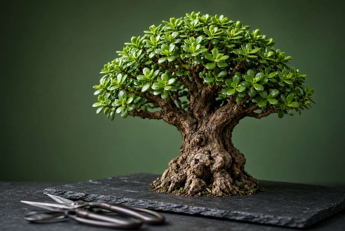 An older, sculptural Jade plant styled as a bonsai with a thick, woody trunk and dense canopy.