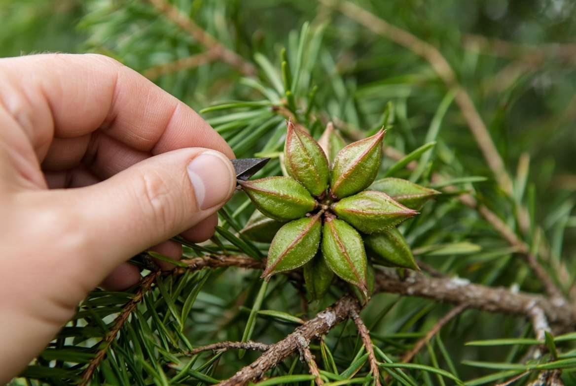 A hand harvesting green, eight-pointed star anise pods from a tree.