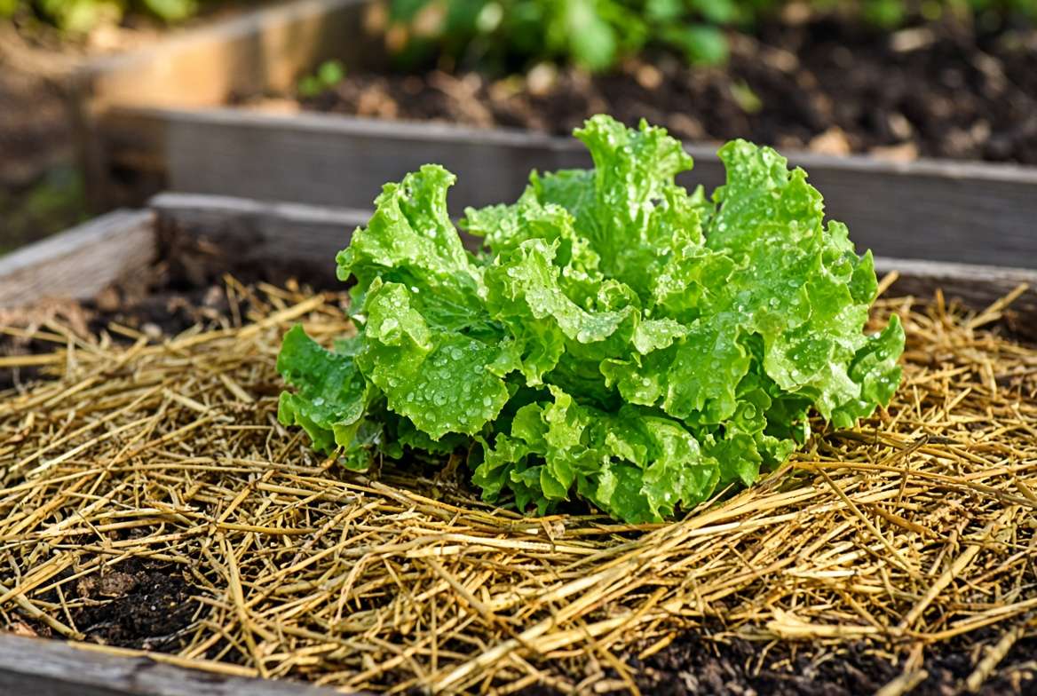 Close-up of lush green lettuce plants surrounded by a thick layer of golden straw mulch in a garden.