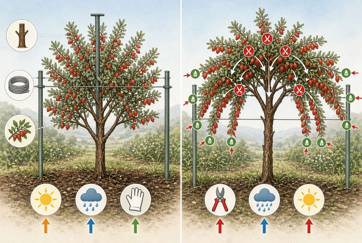 Pruning diagram illustrating the structure of a wolfberry plant on a T-post trellis and the specific cuts for the "Umbrella Pruning Technique."