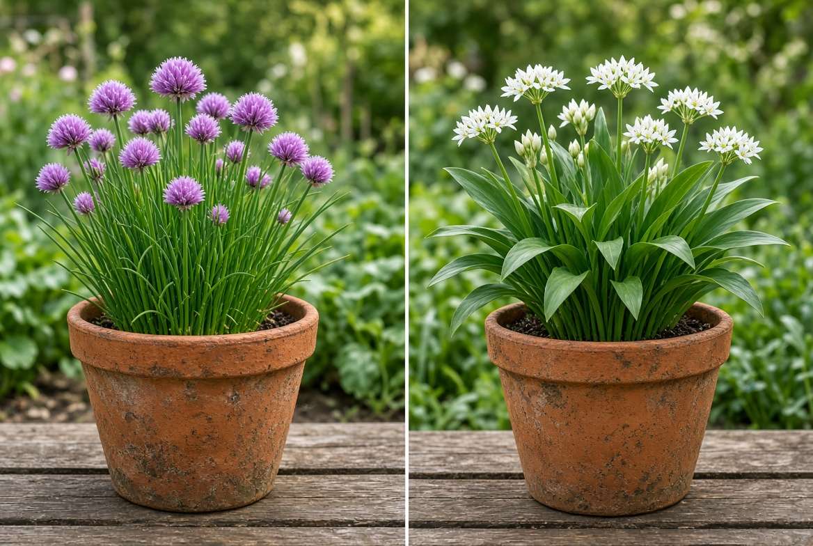 A side-by-side comparison image of common chives with round purple flowers and hollow leaves (left) and garlic chives with flat white flowers and flat leaves (right), grown in pots.