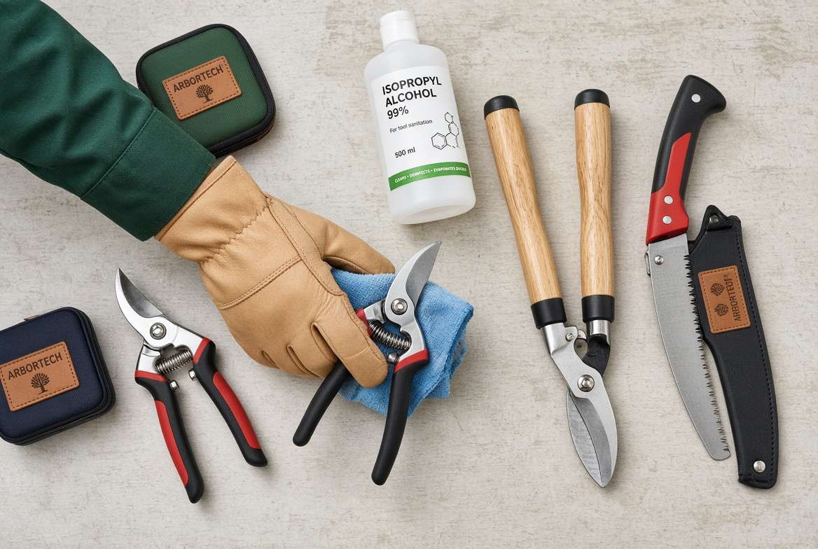 A collection of clean, sharp arboriculture tools, including pruners, loppers, and a pruning saw, being sanitized with alcohol on a workshop bench, ready to prune birch tree branches.