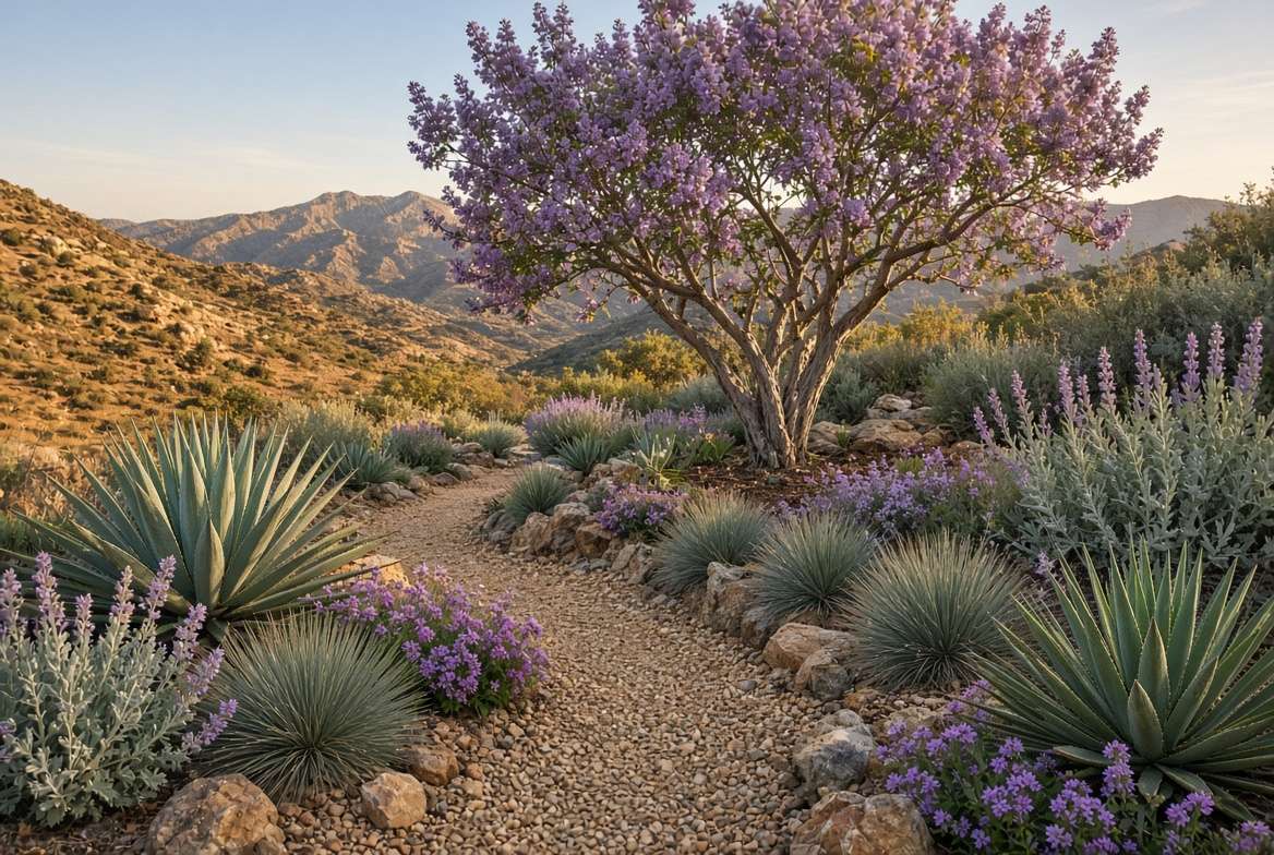 Landscape design view of a mature blooming chasteberry tree integrated into a low-water xeriscape garden with agave and ornamental grasses.