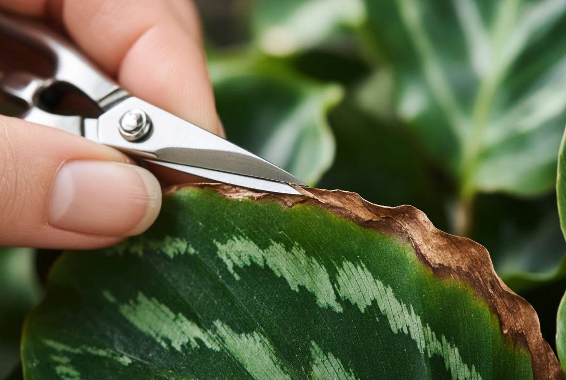 A macro photo of hands using small pruning shears to safely trim a dry, brown edge from a Calathea Stella leaf.