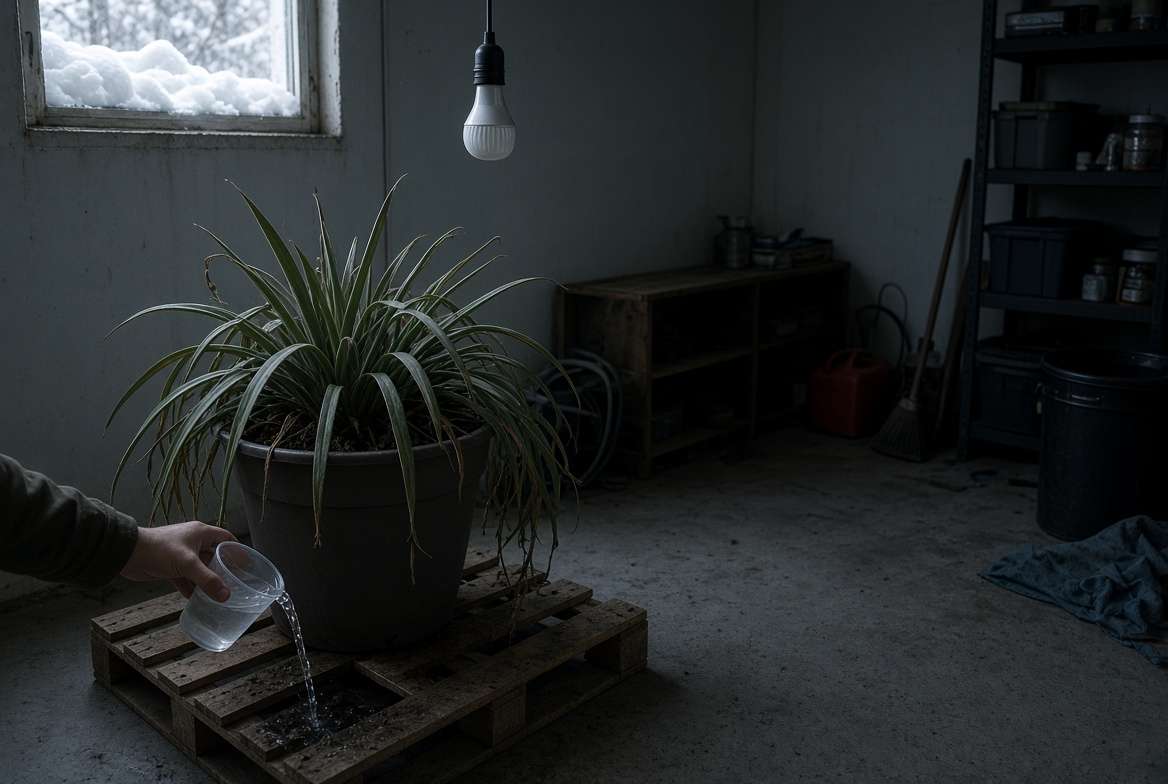 Dormant spike plant overwintering in a cool, dim garage setting on a wooden pallet during winter.