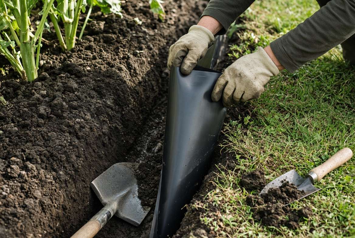 A gardener installing an underground root barrier to prevent Jerusalem artichoke plants from spreading into a lawn