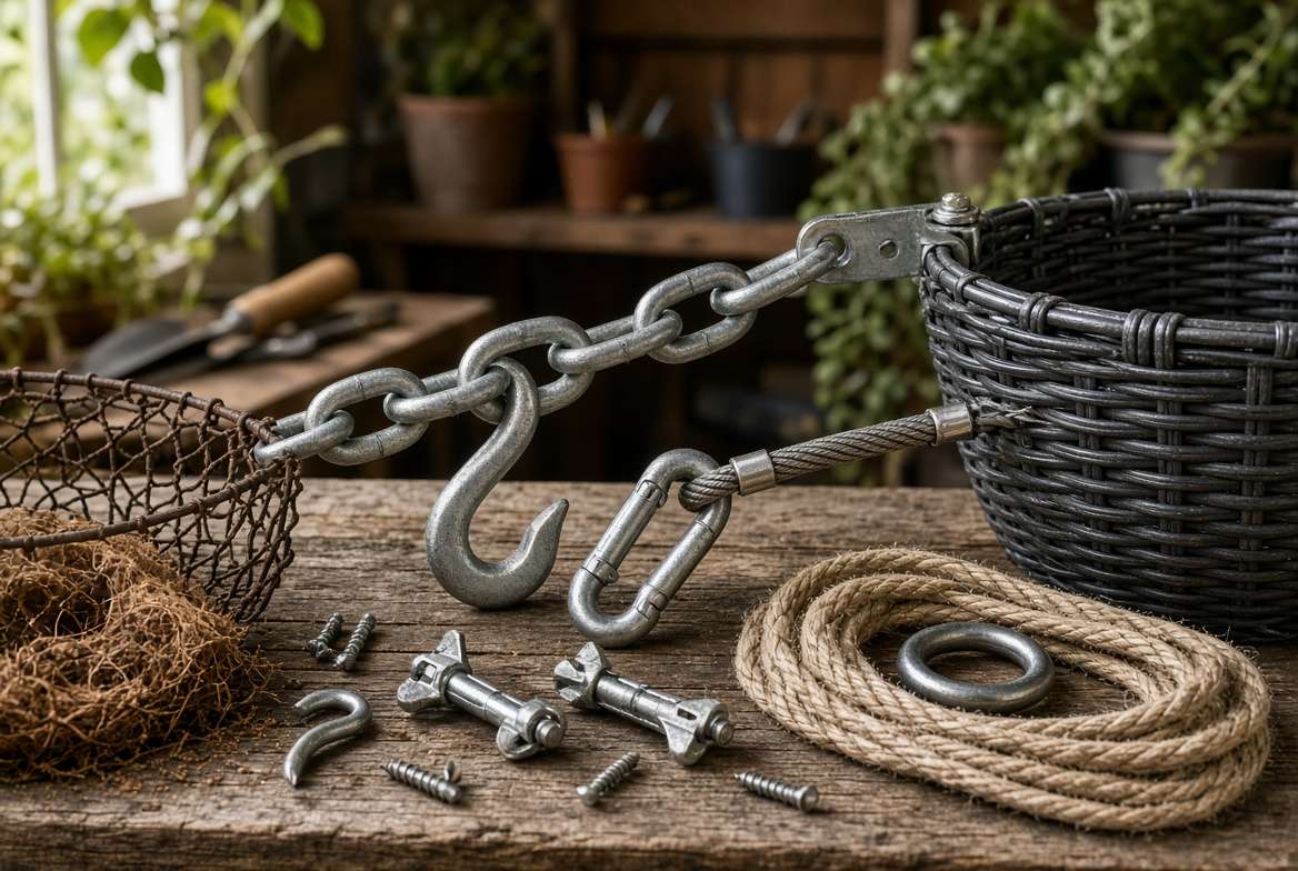 Closeup of heavy-duty hanging planter chains, S-hooks, and durable basket materials like resin and wire