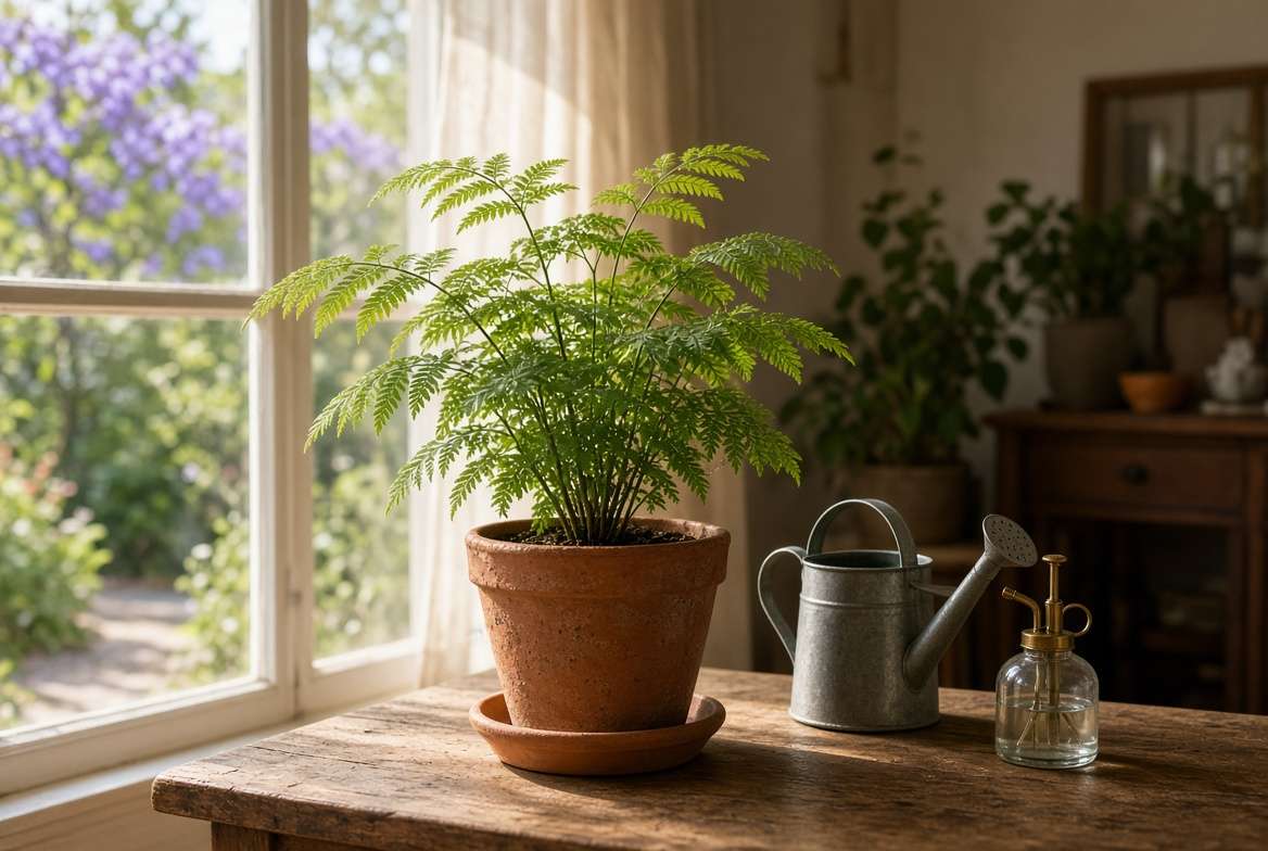 An indoor potted Jacaranda plant with delicate, fern-like green leaves sitting by a sunny window.