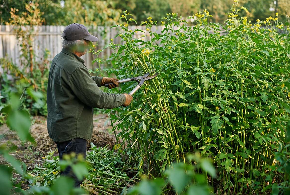 A gardener pruning the tall stalks of Jerusalem artichoke plants in late summer to encourage tuber growth.