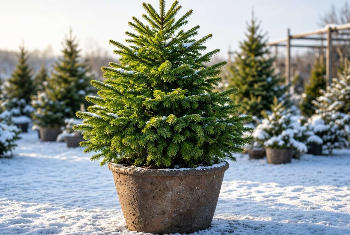 A healthy live potted Christmas tree at an outdoor winter nursery ready for purchase.