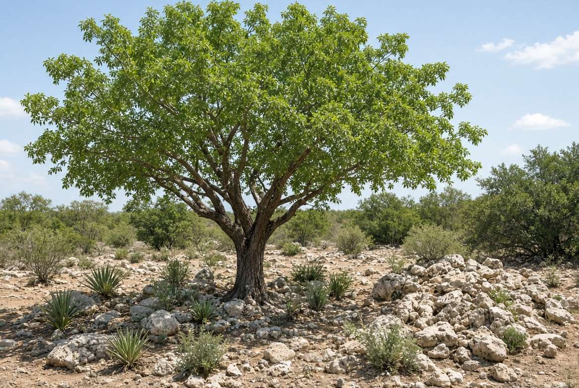 Mature Mexican buckeye tree thriving in full sun and rocky, well-draining soil.