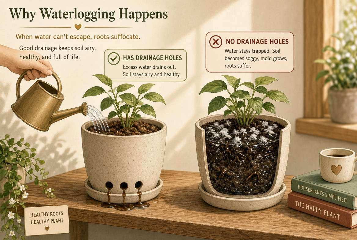 Illustrative comparison of two plant pots: a well-draining pot with dry soil and a waterlogged pot without drainage showing visible soil mold.