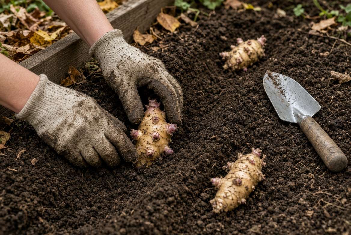 Planting knobby Jerusalem artichoke tubers in rich, loose garden soil at the correct depth.
