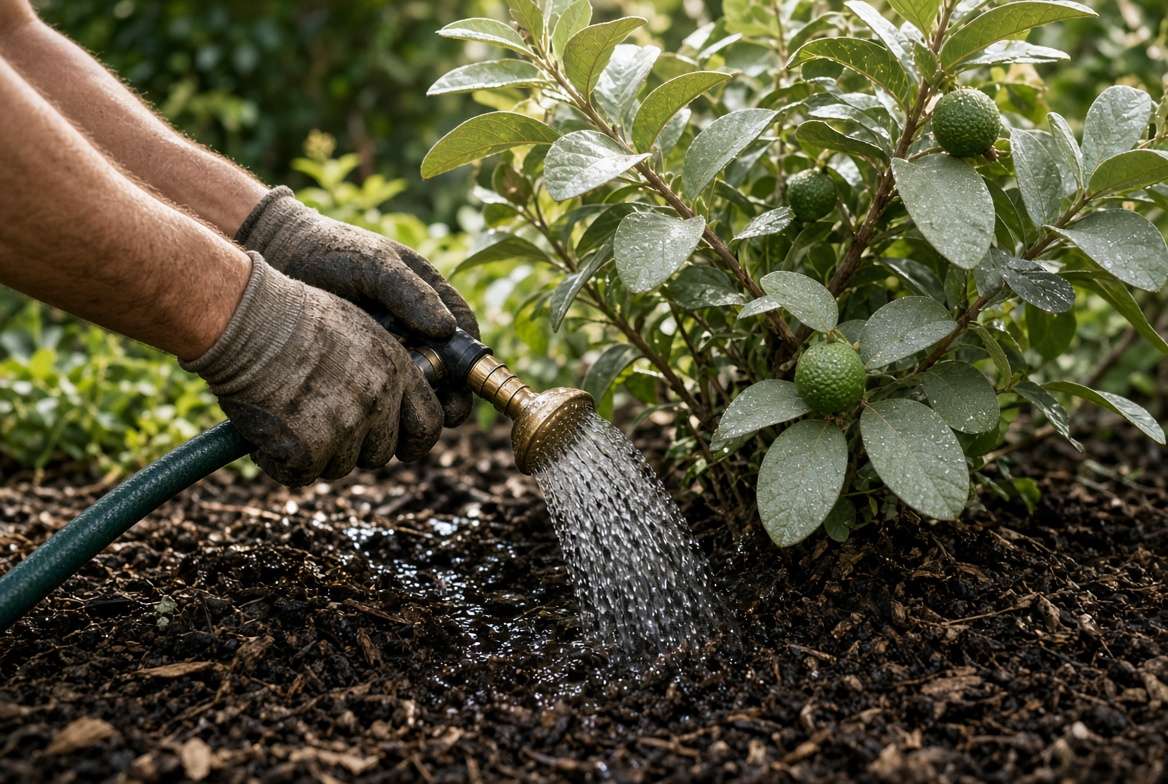 A gardener using a hose to deep-water a mature pineapple guava plant at its root zone to ensure abundant fruit development.