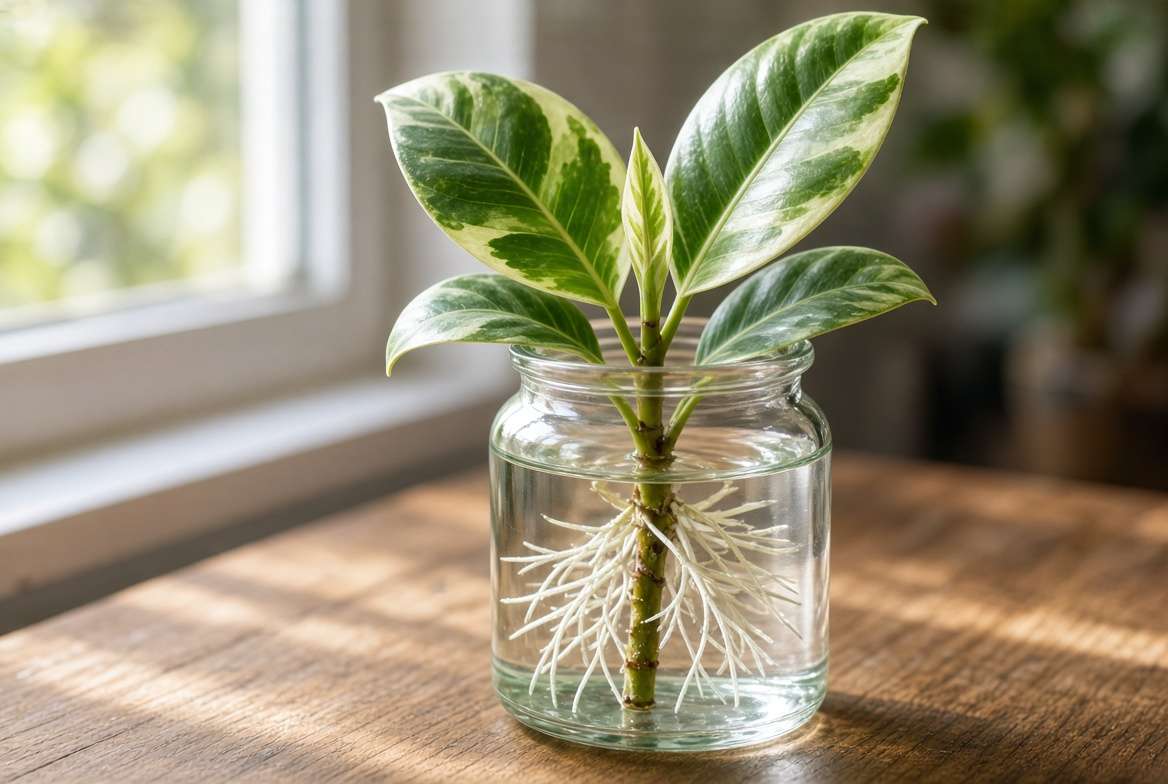 A variegated rubber plant stem cutting successfully developing white roots in a clear glass jar of water.