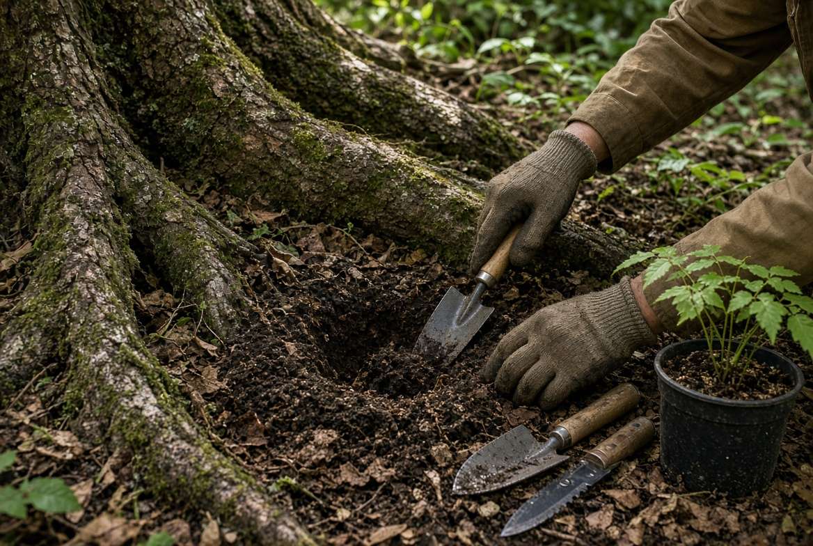 A gardener carefully digging a small planting pocket in natural soil between sprawling tree roots to plant a new shade specimen without damaging the tree.
