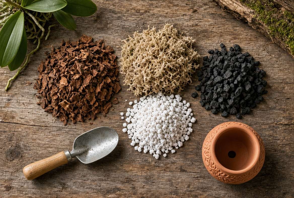DIY vanilla orchid potting mix ingredients: bark, moss, perlite, and charcoal on a potting bench