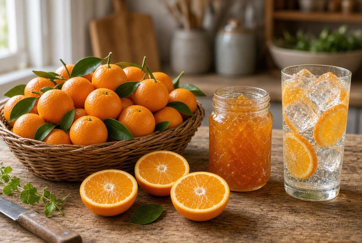 Freshly harvested calamondin fruits in a basket, sliced in half next to a jar of homemade marmalade and a citrus beverage.