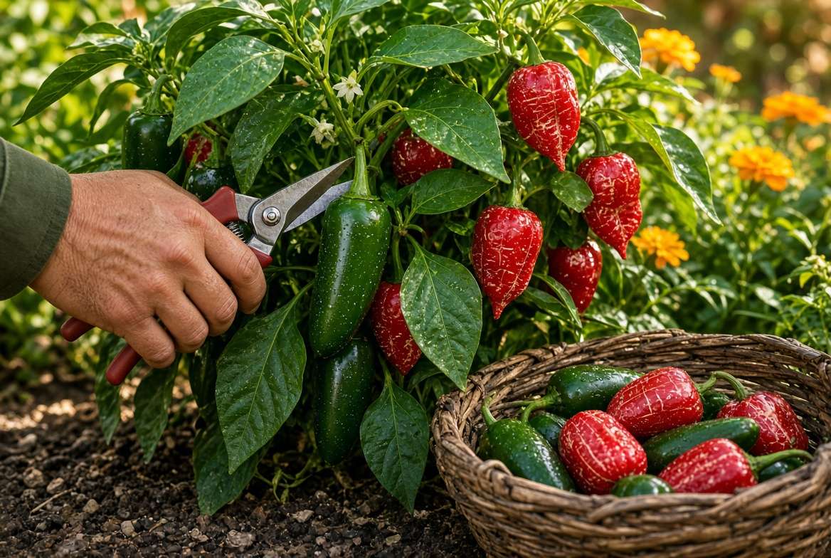 Harvesting ripe red and green jalapeno peppers from a plant using pruning shears, placing them into a basket.