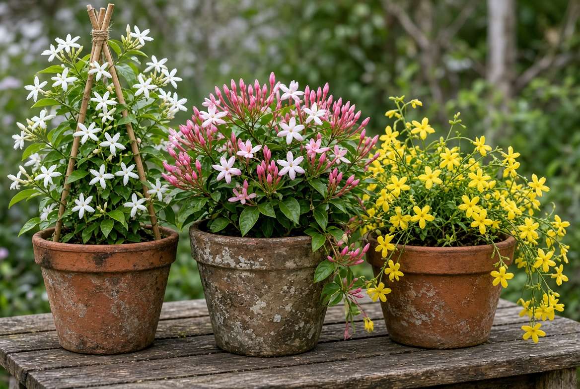 A vibrant display of white, pink, and yellow jasmine plants in rustic pots, illustrating the different colors and meanings of the jasmine plant.