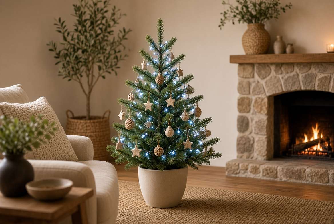 A live potted Christmas tree decorated safely with cool LED lights and lightweight wooden ornaments.