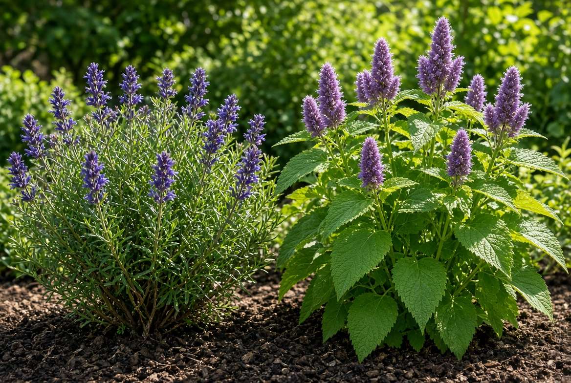 A side-by-side natural garden view comparing a bushy True Hyssop plant with narrow leaves on the left, and a taller Anise Hyssop plant with broad, serrated leaves and fuzzy purple spikes on the right.