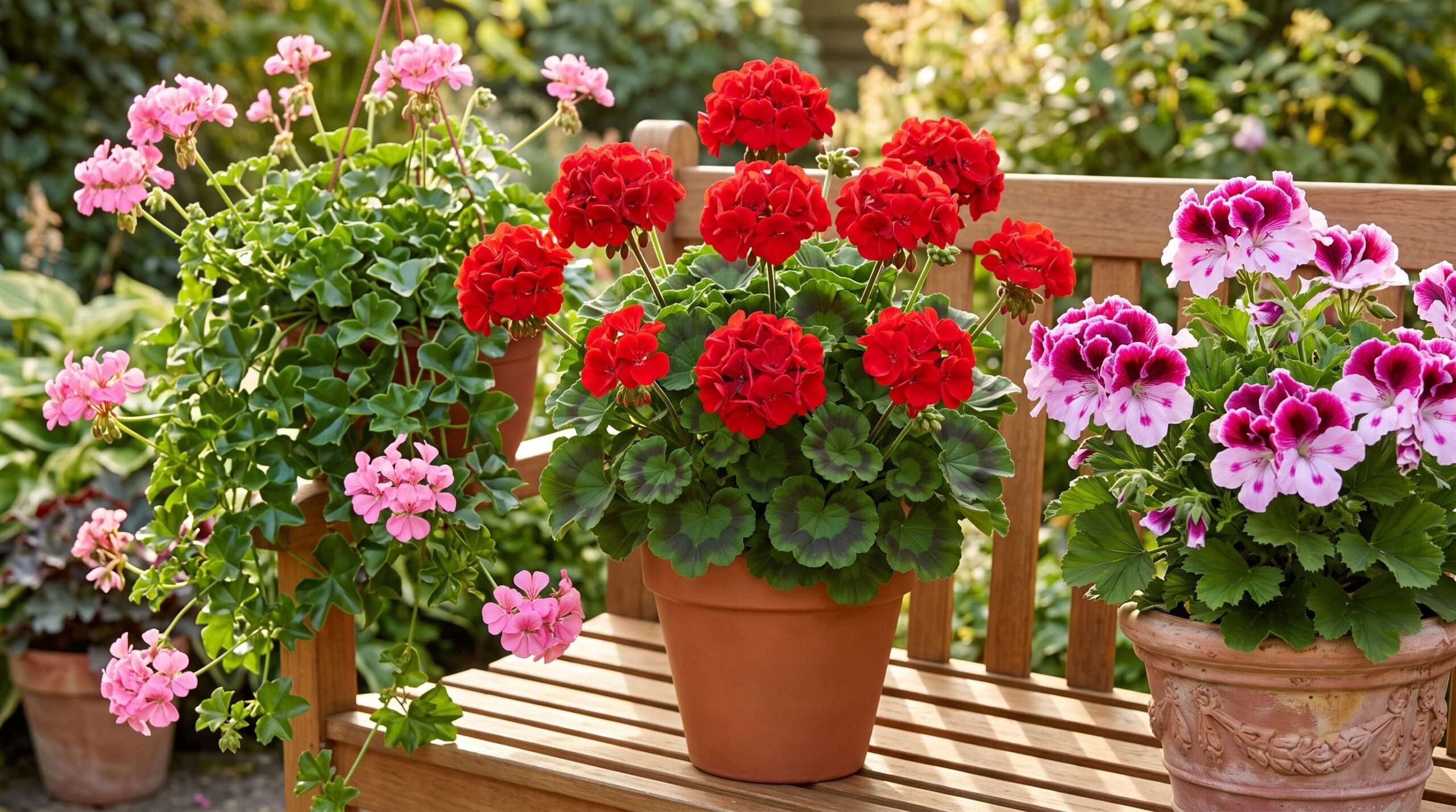 A display of three different types of potted geranium plants, including Zonal, Ivy-leaved, and Regal varieties, sitting on a sunlit wooden bench.