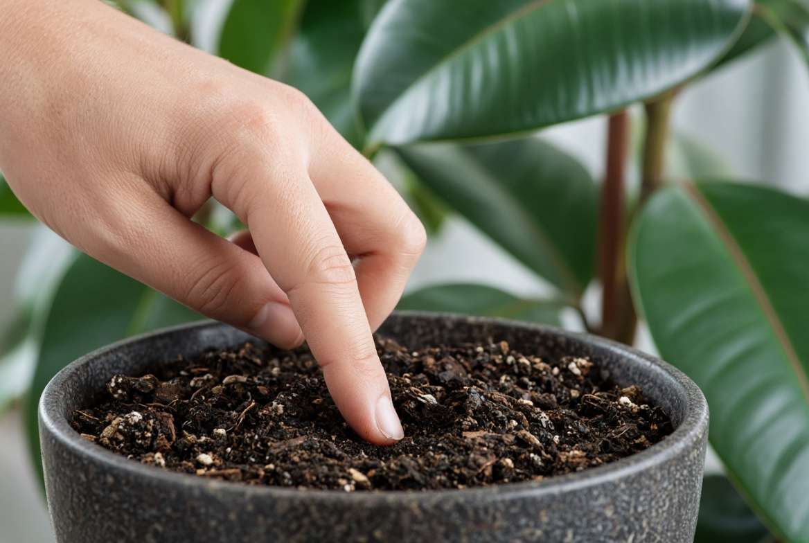A person using the finger test to check the soil moisture of a potted indoor rubber plant.