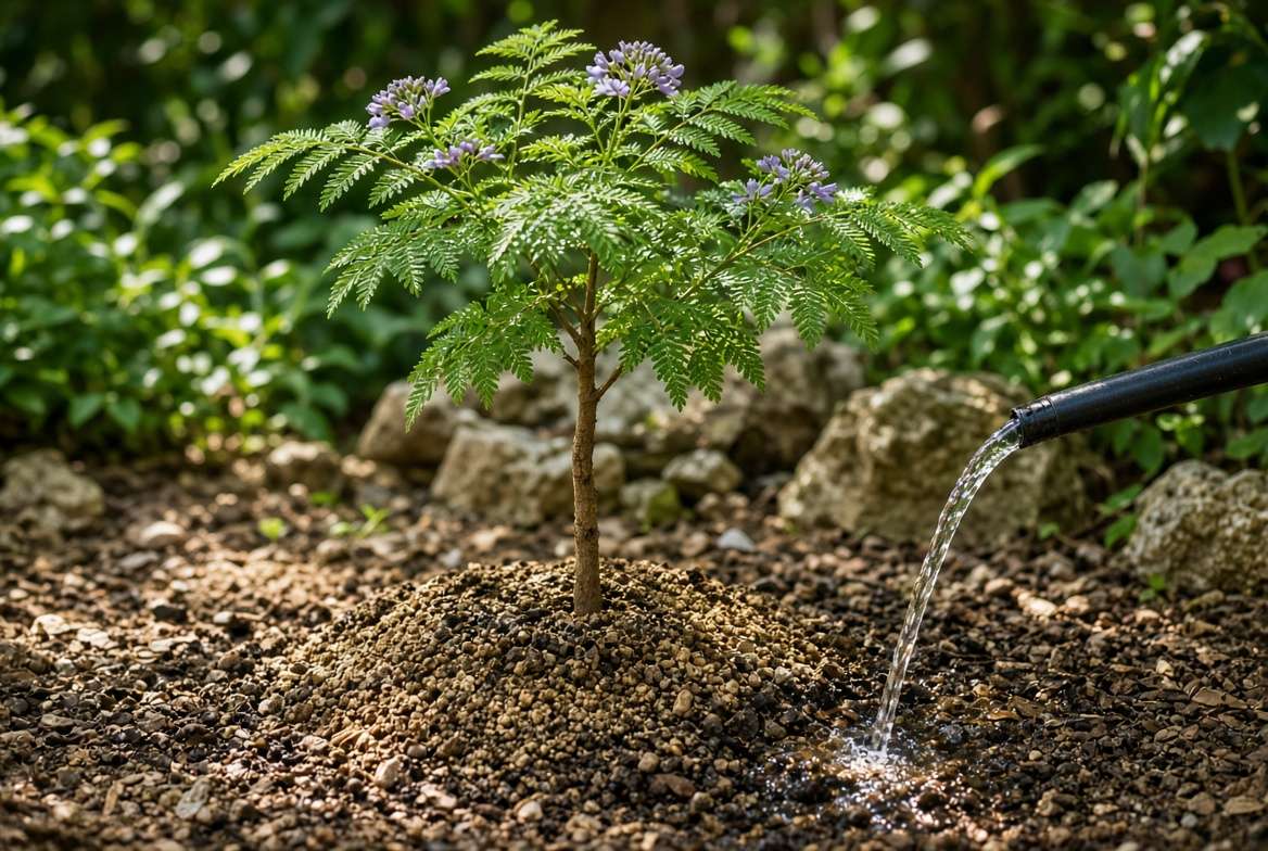 A young Jacaranda plant growing on a raised earthen mound in well-draining sandy soil to prevent root rot.